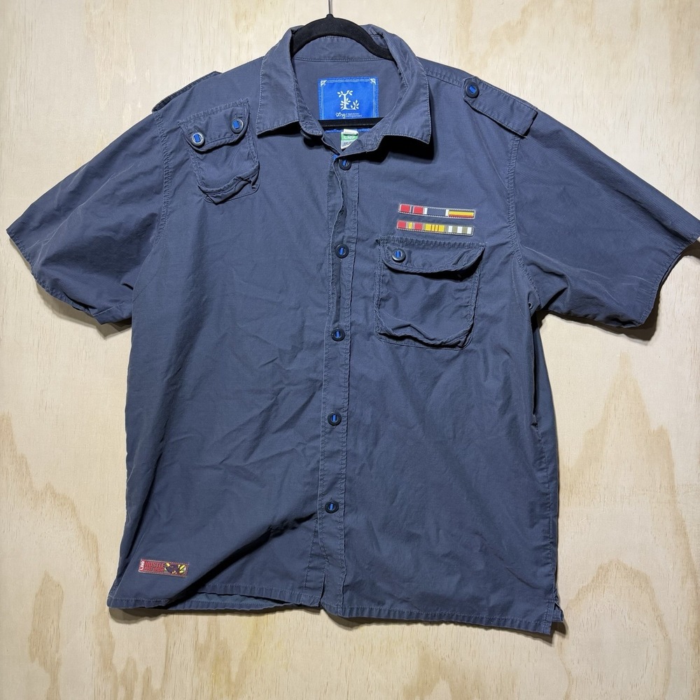 LRG Lifted Research Group Shirt 3X Gray Button Up Short Sleeve‎ Military Y2K